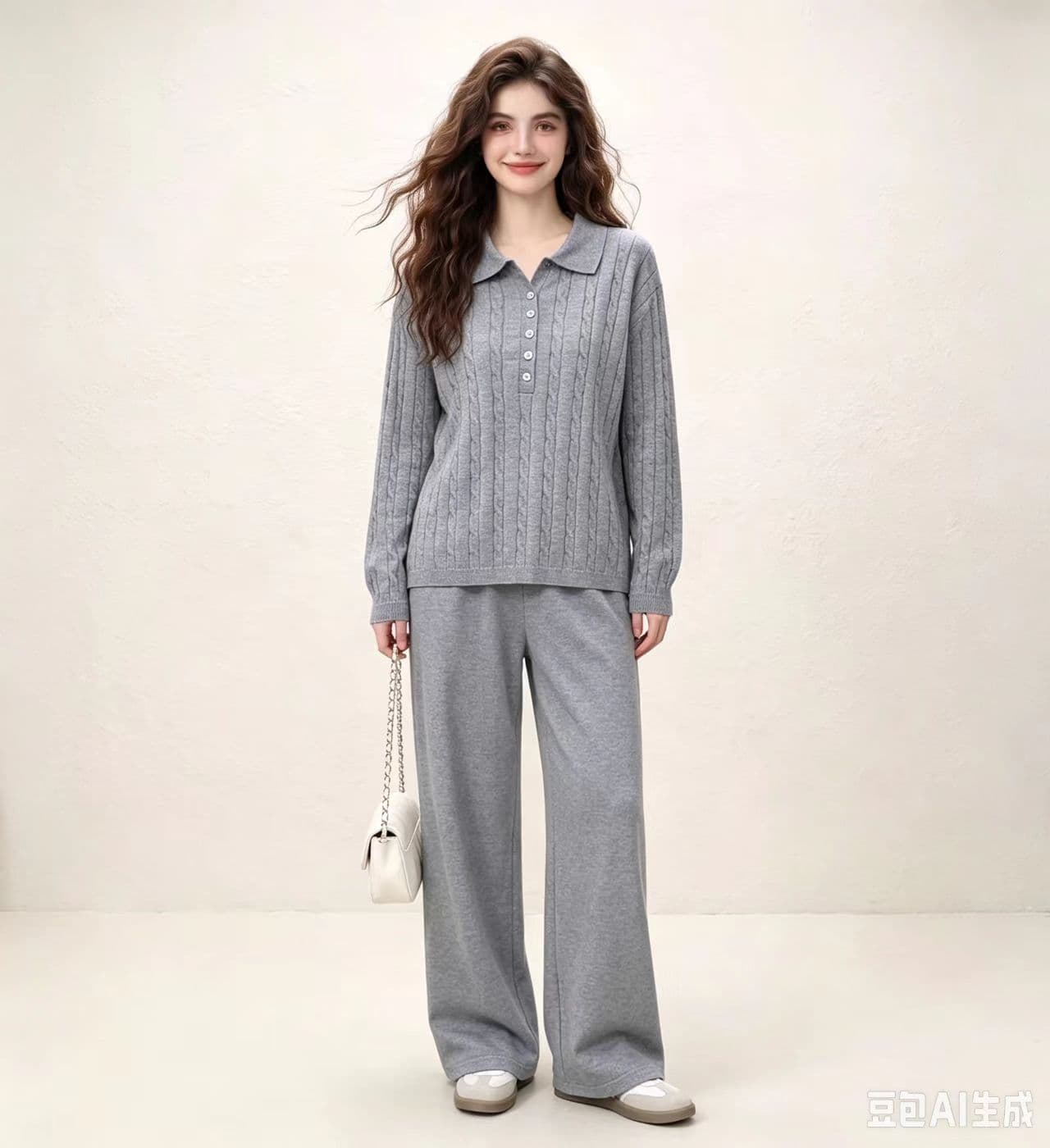 가을 미니멀리즘 POLO 칼라 마 무늬 풀오버 니트 스웨터 세트 루즈핏 슬림해 보이는 매운맛 엄마 수유 투피스 세트 이미지 2