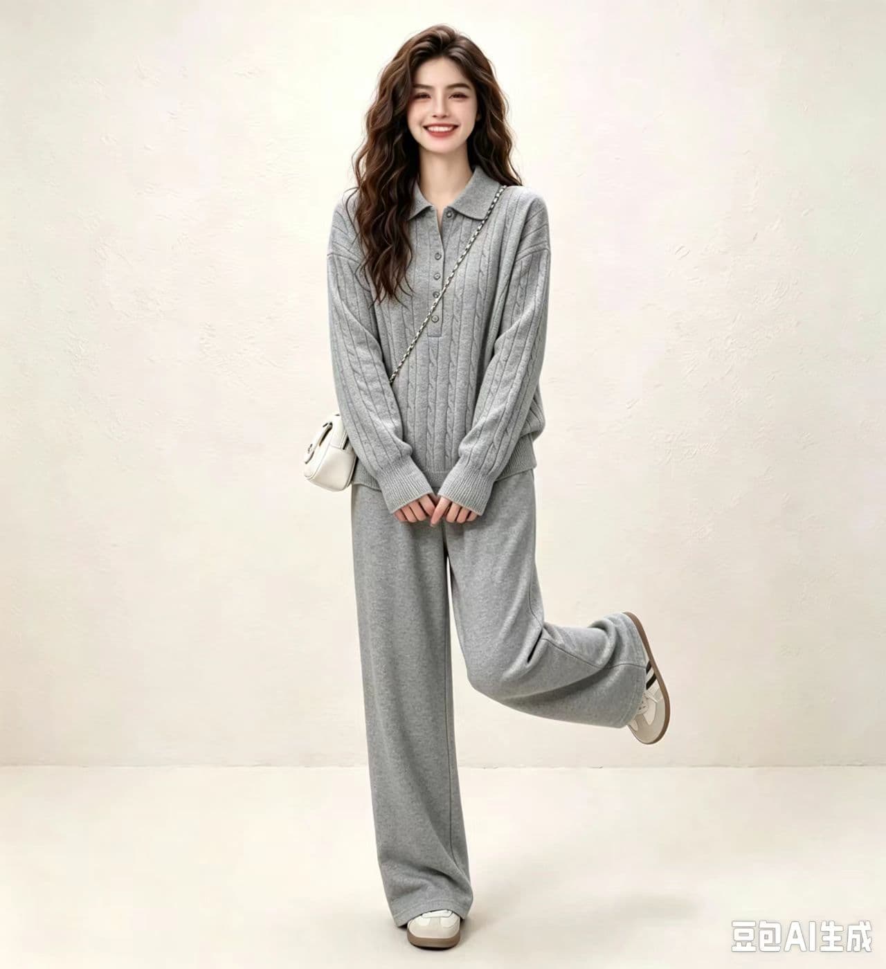 가을 미니멀리즘 POLO 칼라 마 무늬 풀오버 니트 스웨터 세트 루즈핏 슬림해 보이는 매운맛 엄마 수유 투피스 세트 이미지 4