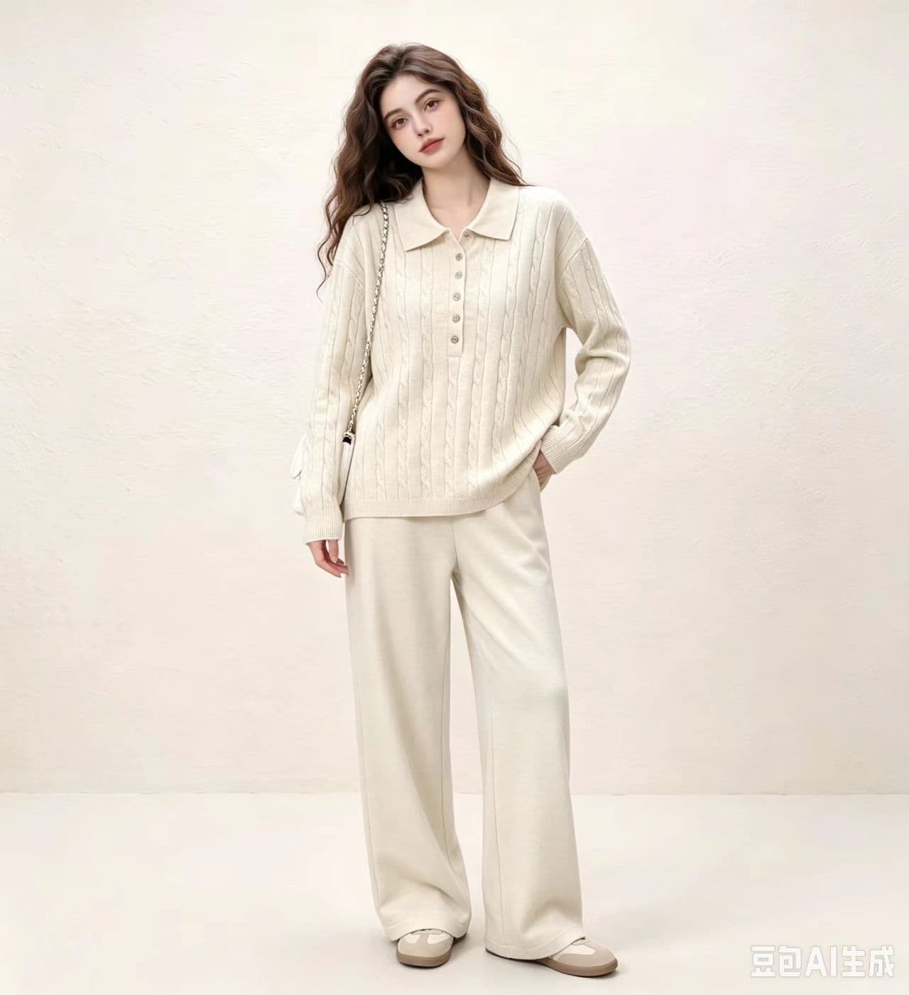가을 미니멀리즘 POLO 칼라 마 무늬 풀오버 니트 스웨터 세트 루즈핏 슬림해 보이는 매운맛 엄마 수유 투피스 세트