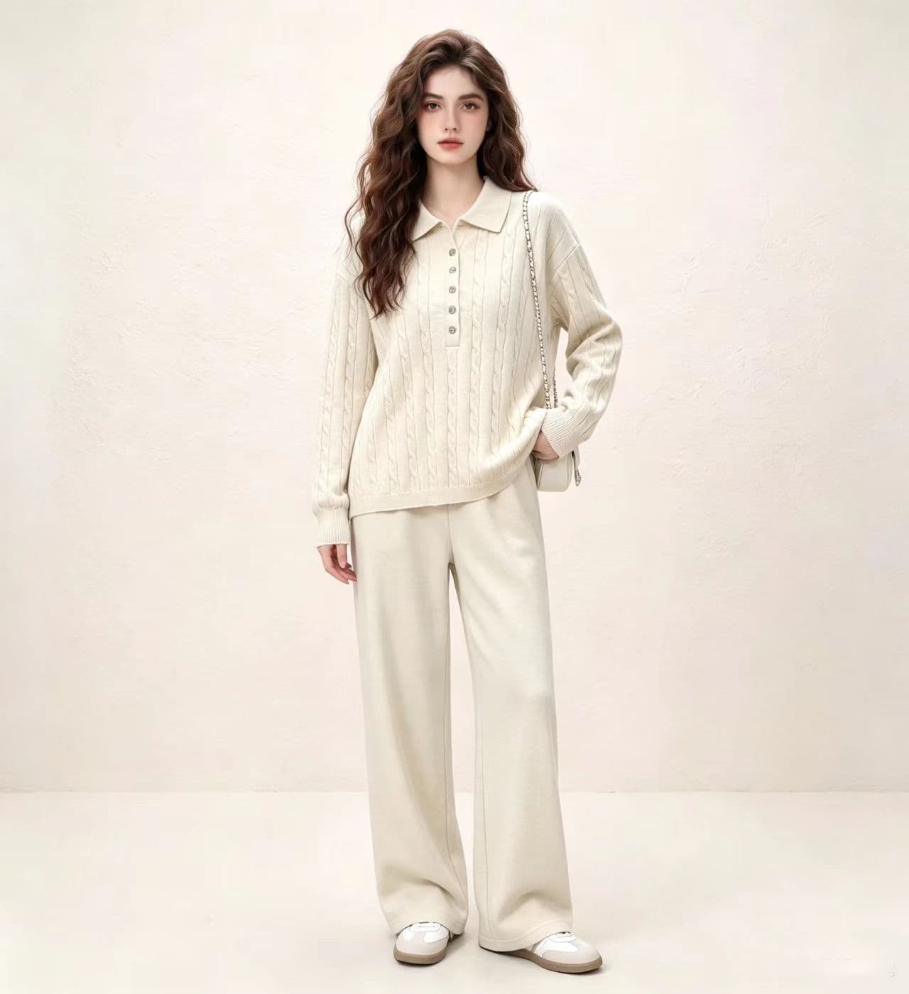 가을 미니멀리즘 POLO 칼라 마 무늬 풀오버 니트 스웨터 세트 루즈핏 슬림해 보이는 매운맛 엄마 수유 투피스 세트 상세 이미지 1