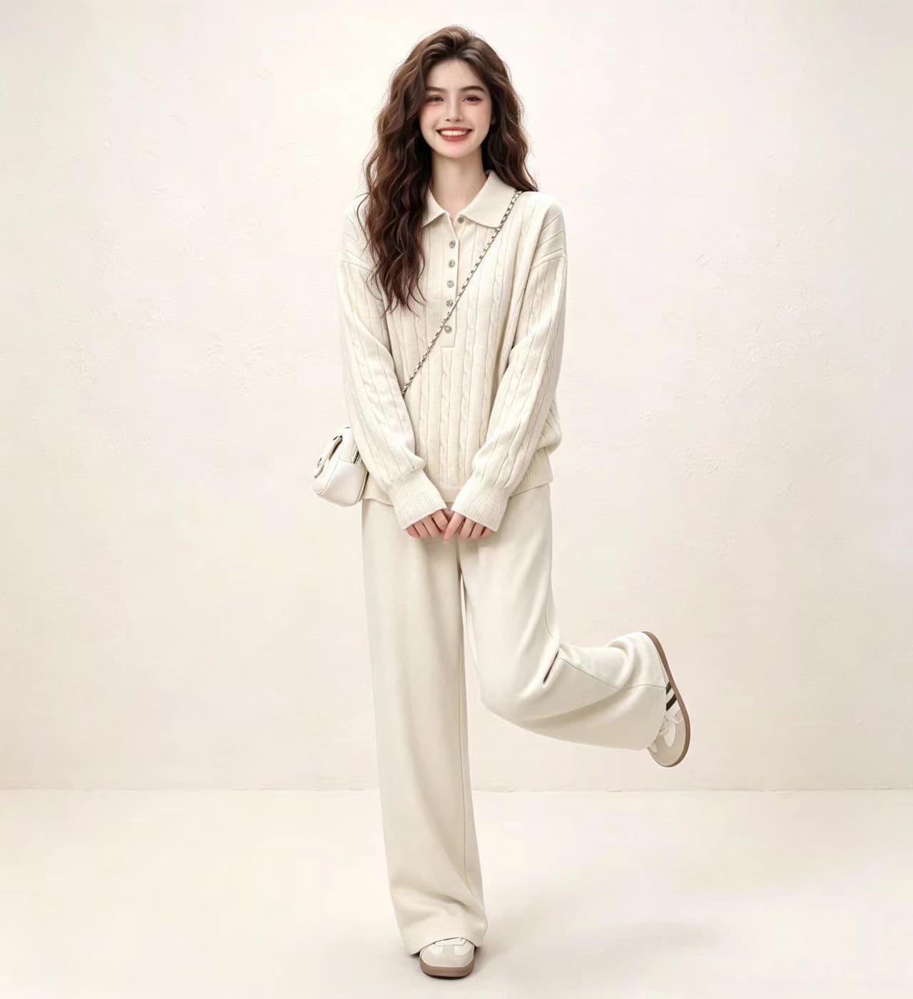 가을 미니멀리즘 POLO 칼라 마 무늬 풀오버 니트 스웨터 세트 루즈핏 슬림해 보이는 매운맛 엄마 수유 투피스 세트 상세 이미지 4