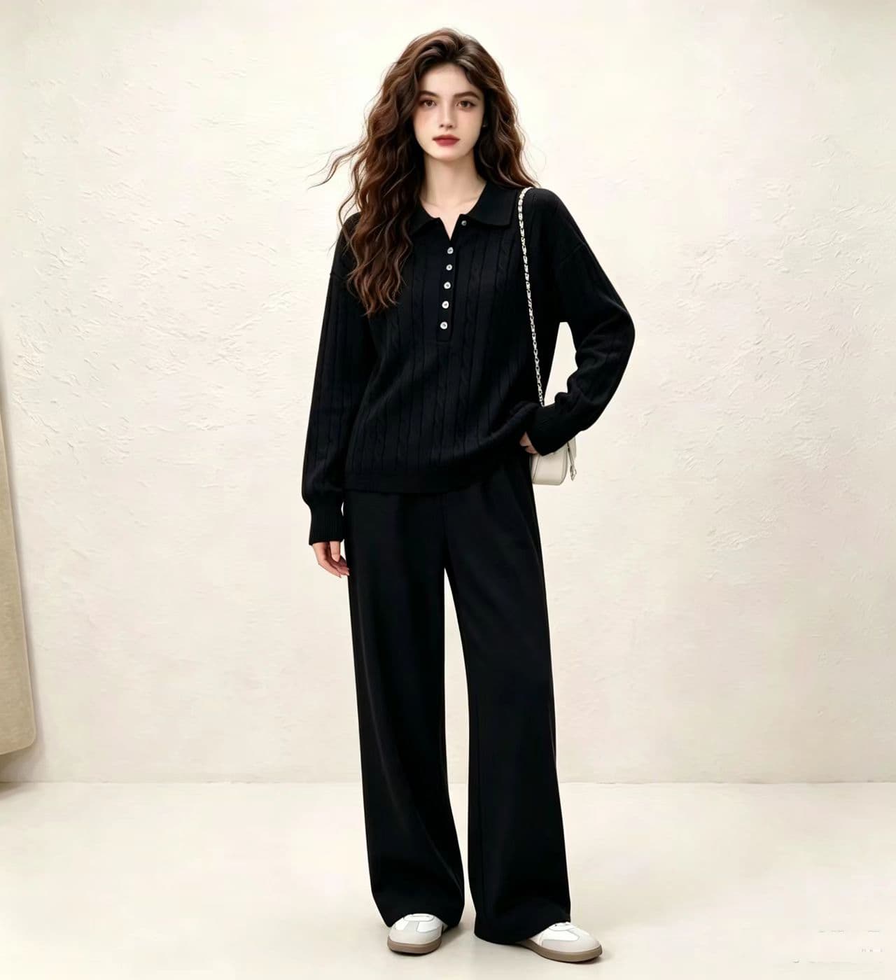 가을 미니멀리즘 POLO 칼라 마 무늬 풀오버 니트 스웨터 세트 루즈핏 슬림해 보이는 매운맛 엄마 수유 투피스 세트 상세 이미지 6