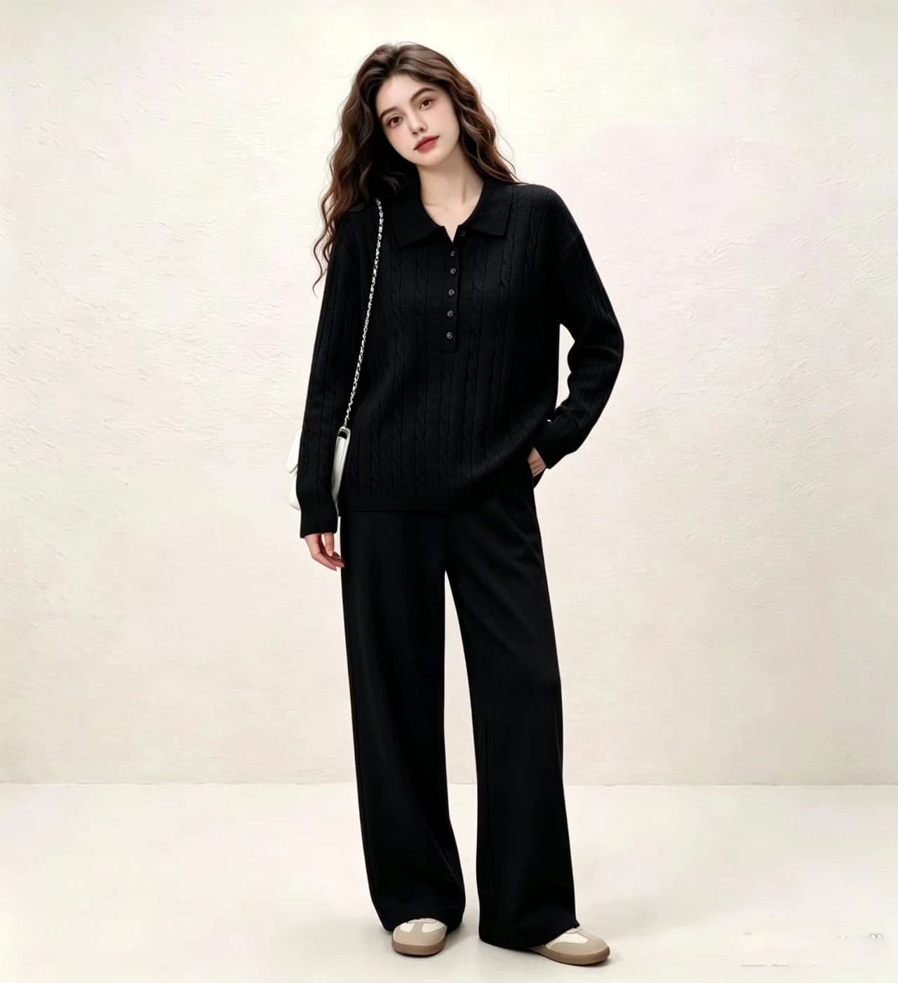 가을 미니멀리즘 POLO 칼라 마 무늬 풀오버 니트 스웨터 세트 루즈핏 슬림해 보이는 매운맛 엄마 수유 투피스 세트 상세 이미지 7