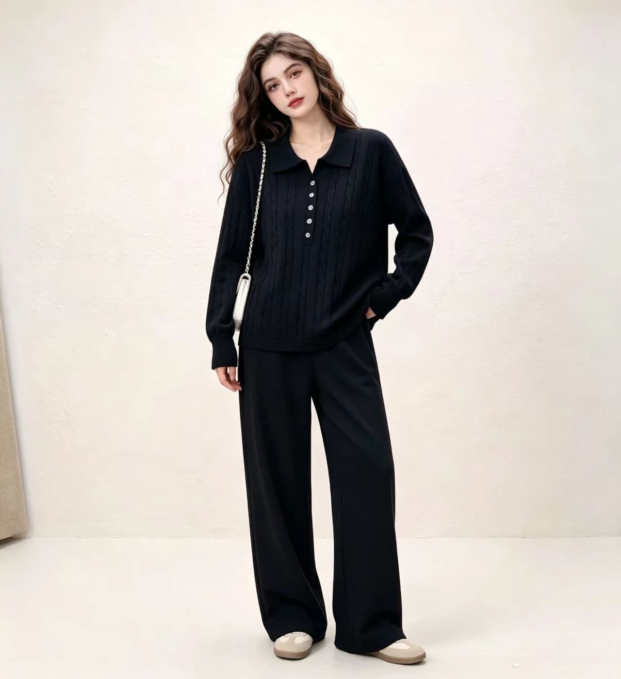 가을 미니멀리즘 POLO 칼라 마 무늬 풀오버 니트 스웨터 세트 루즈핏 슬림해 보이는 매운맛 엄마 수유 투피스 세트 상세 이미지 8