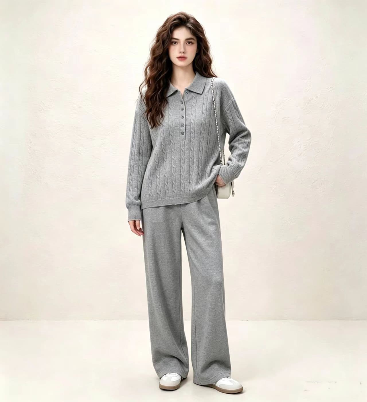 가을 미니멀리즘 POLO 칼라 마 무늬 풀오버 니트 스웨터 세트 루즈핏 슬림해 보이는 매운맛 엄마 수유 투피스 세트 상세 이미지 12