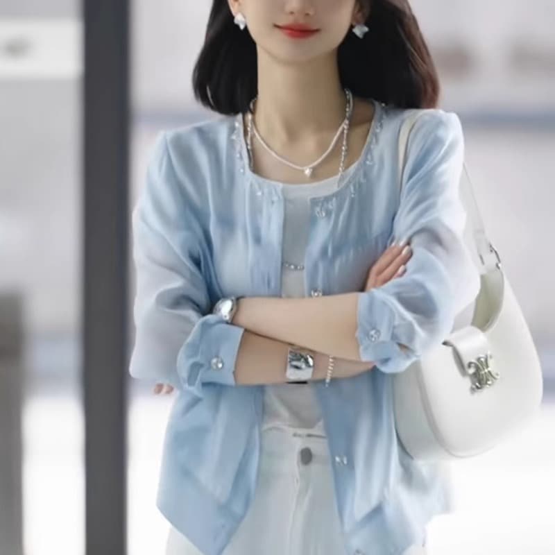 프랑스식 작은 대중 라운드 넥 자외선 차단 작은 셔츠 2026 봄 절묘한 싱글 줄 버튼 셔츠 빛 요리 한 바람 우아함 아름다운 맨위
