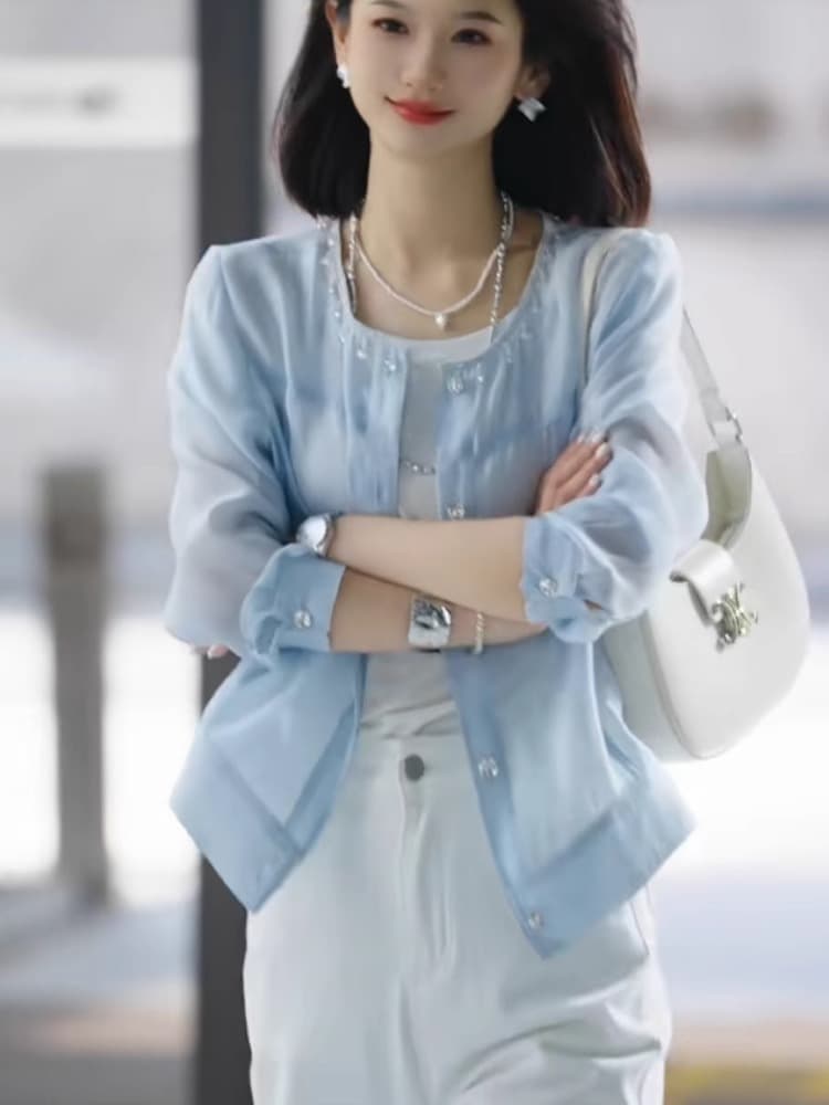 프랑스식 작은 대중 라운드 넥 자외선 차단 작은 셔츠 2026 봄 절묘한 싱글 줄 버튼 셔츠 빛 요리 한 바람 우아함 아름다운 맨위 상세 이미지 2