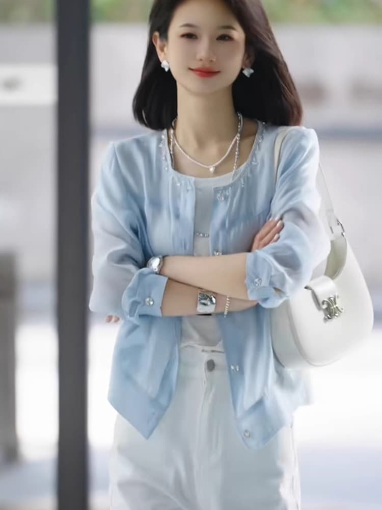 프랑스식 작은 대중 라운드 넥 자외선 차단 작은 셔츠 2026 봄 절묘한 싱글 줄 버튼 셔츠 빛 요리 한 바람 우아함 아름다운 맨위 상세 이미지 5