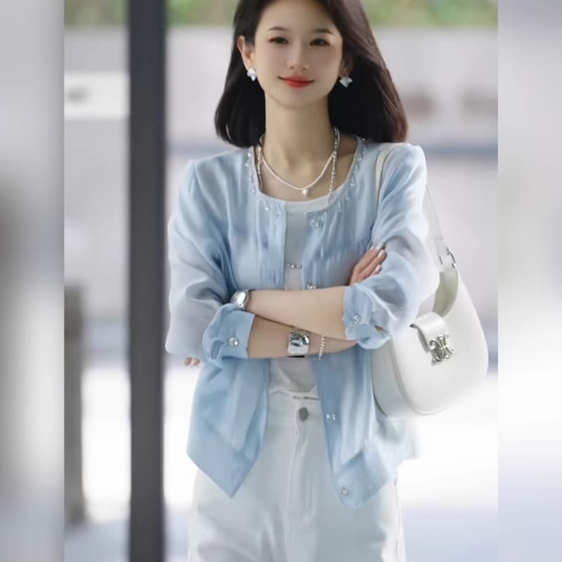 프랑스식 작은 대중 라운드 넥 자외선 차단 작은 셔츠 2026 봄 절묘한 싱글 줄 버튼 셔츠 빛 요리 한 바람 우아함 아름다운 맨위 상세 이미지 6