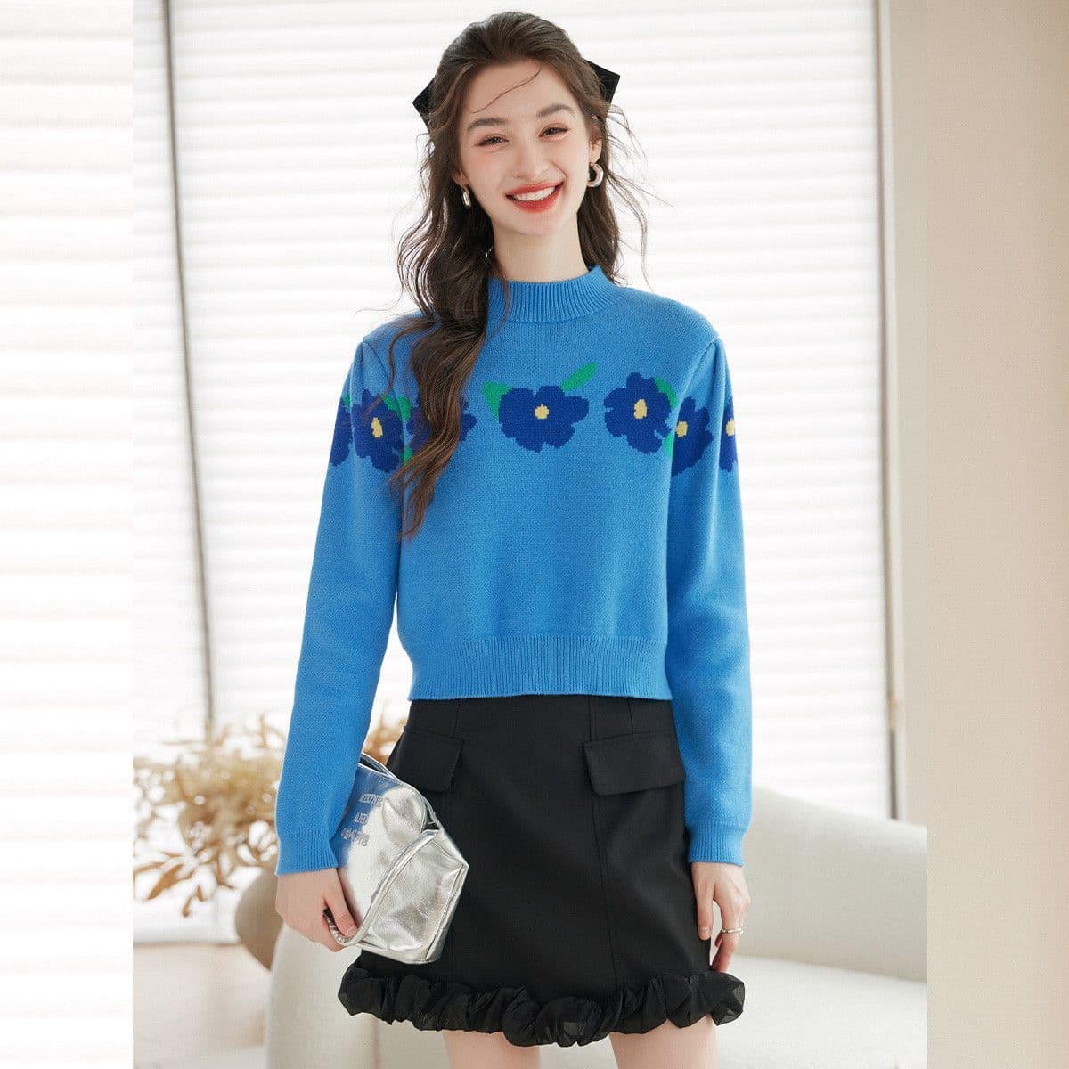 품격 작은 스탠드 칼라 자카드 니트 스웨터 2026 봄 가을 패션 마이크로 폭탄 풀오버 핀치 Pleat 소매 여성 스웨터 상세 이미지 7