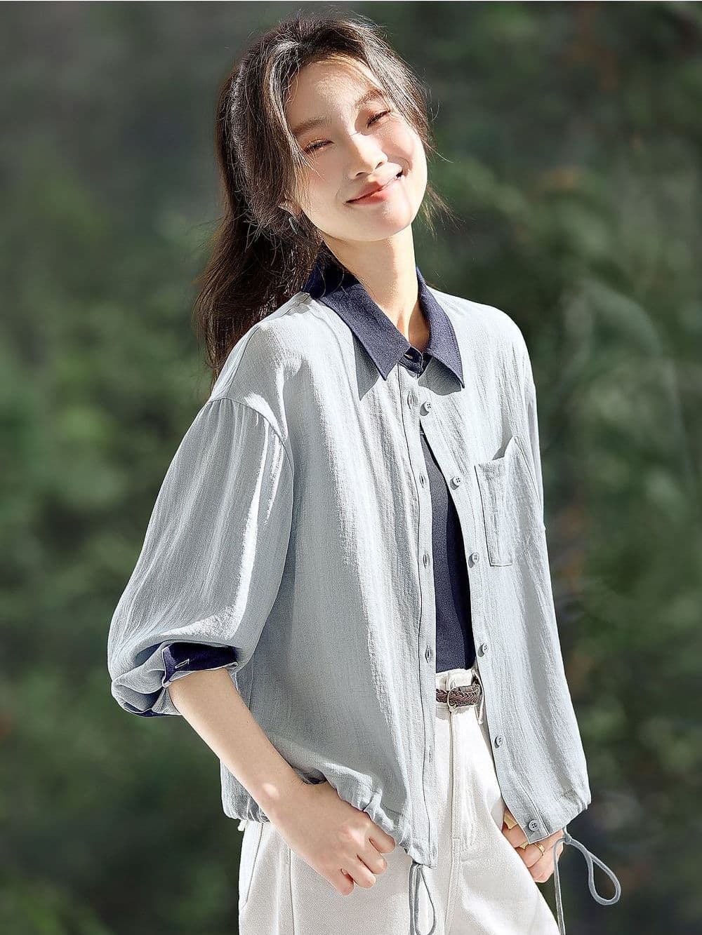 2026 봄 새로운 배색 패치워크 폴로 칼라 밴딩 밑단 루즈핏 얇은 스타일 셔츠 스타일 여성 코트 상세 이미지 4