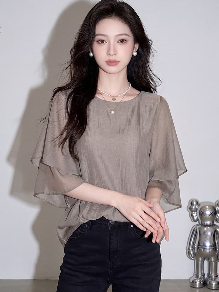 여름 2026 익스트림 제인 바람 마이크로 ~을 통해 블라우스 여성용 짧은 소매 박쥐 셔츠 루즈핏 라운드 넥 캐주얼 다용도 쉬폰 블라우스 이미지 2
