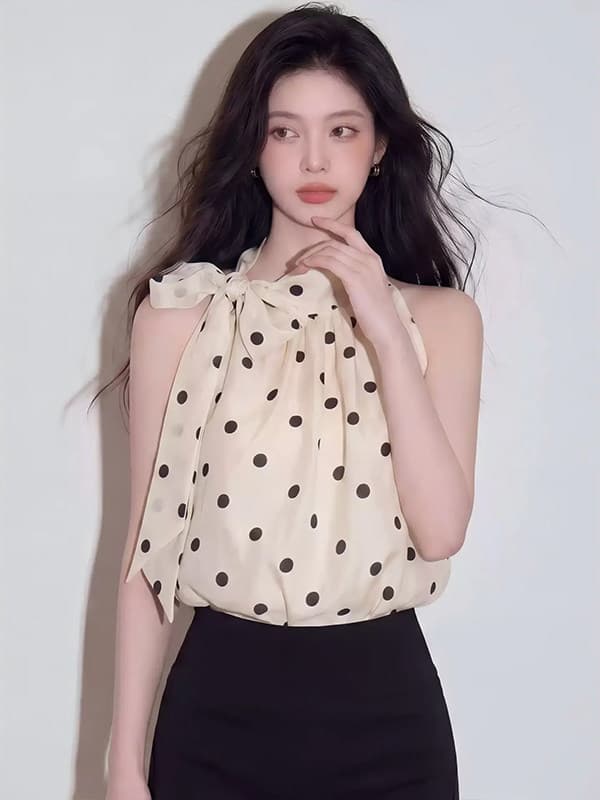 나비 넥타이 행침 목 도트 무늬 시폰 셔츠 여성 세련된 외국 가스 민소매 품격 다용도 디자인 센스 맨위 이미지 4