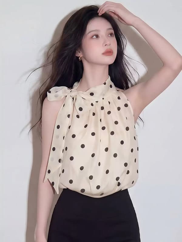 나비 넥타이 행침 목 도트 무늬 시폰 셔츠 여성 세련된 외국 가스 민소매 품격 다용도 디자인 센스 맨위 이미지 2