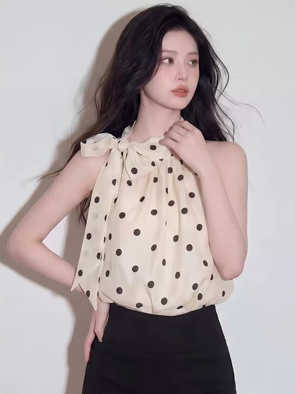 나비 넥타이 행침 목 도트 무늬 시폰 셔츠 여성 세련된 외국 가스 민소매 품격 다용도 디자인 센스 맨위 상세 이미지 2