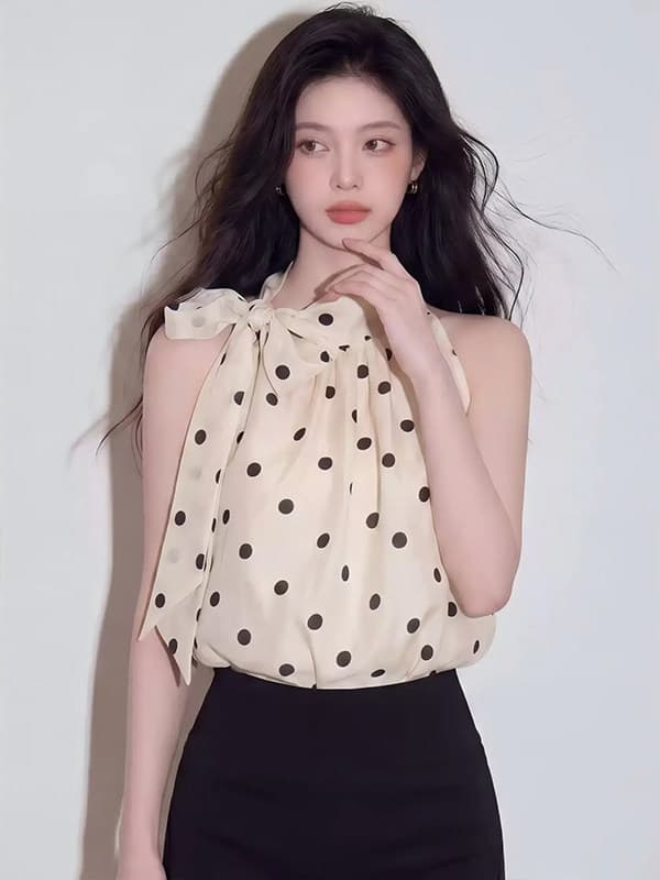 나비 넥타이 행침 목 도트 무늬 시폰 셔츠 여성 세련된 외국 가스 민소매 품격 다용도 디자인 센스 맨위 상세 이미지 5