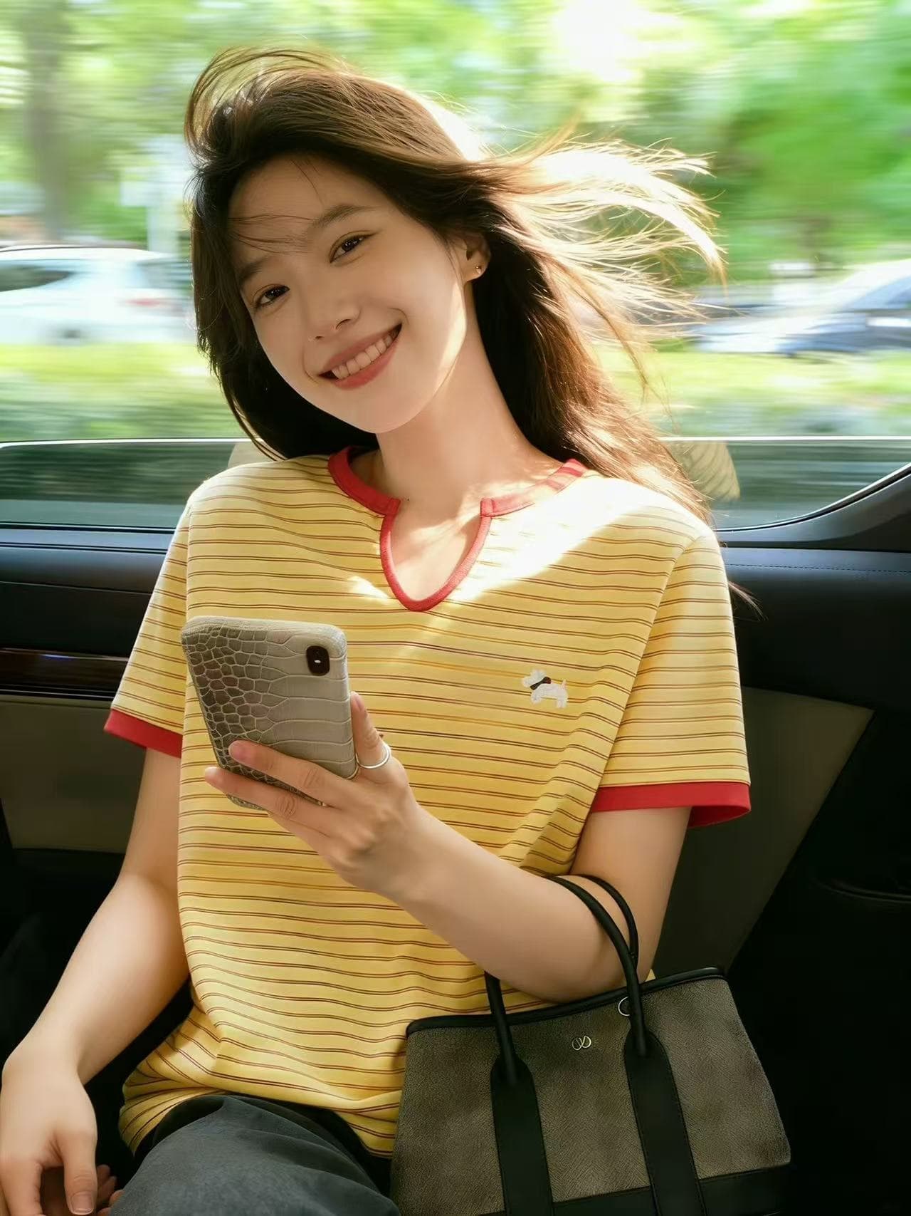 한 부서 빛 제인 황색 빨간색 스트라이프 명중 네클라인 루즈핏 반팔 티셔츠 여성 2026 새로운 여름 특별 잘 생긴 맨위 이미지 5