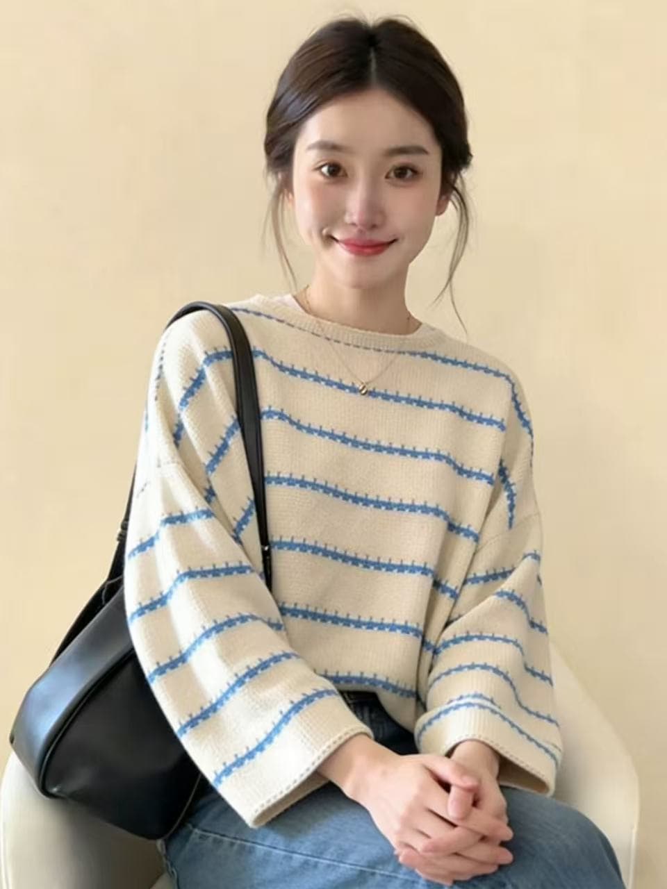 한 부서 베이지 색 스트라이프 라운드 넥 니트 긴 소매 티셔츠 여성 2026 봄 슈퍼 화재 빛 요리 한 작은 대중 아니요 명중 섹션 맨위 상세 이미지 4