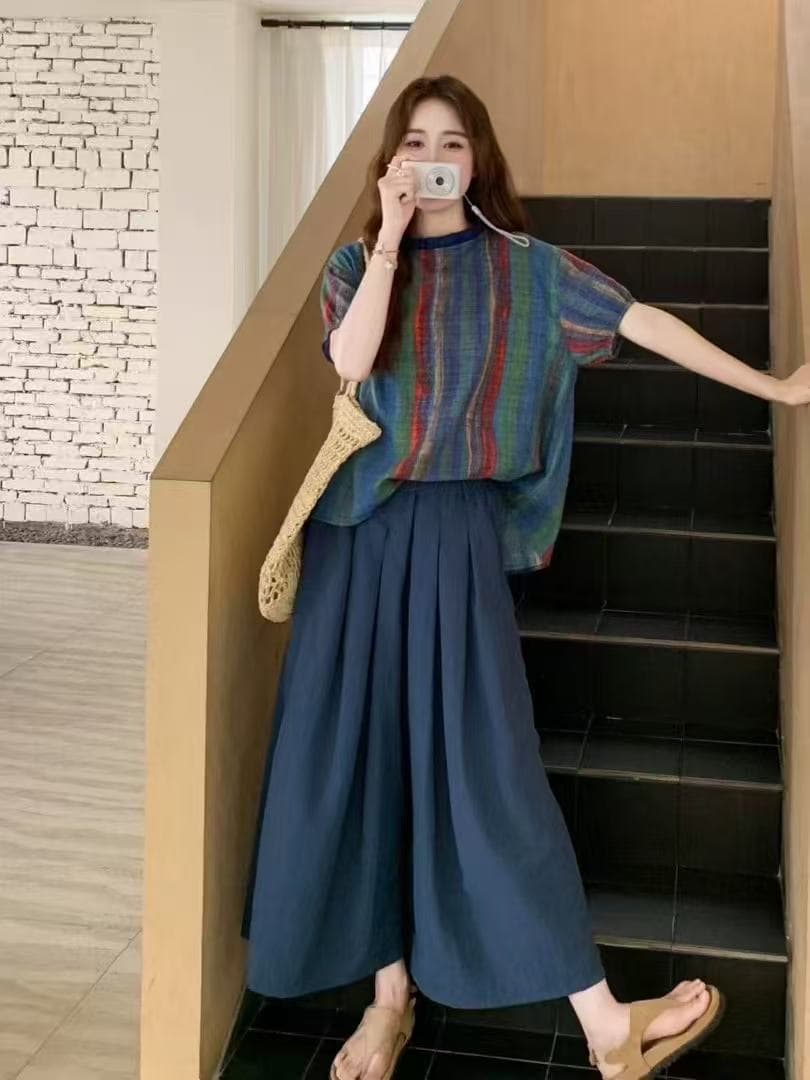 2026 새로운 예술 바람 품격 슬림해 보이는 얇은 스타일 레트로 무지개 스트라이프 맨위 허리밴드 반신 치마 세트