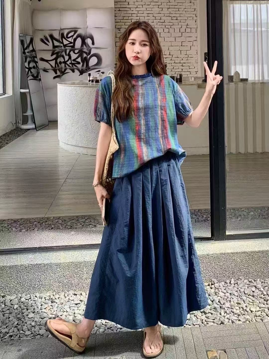 2026 새로운 예술 바람 품격 슬림해 보이는 얇은 스타일 레트로 무지개 스트라이프 맨위 허리밴드 반신 치마 세트 이미지 3