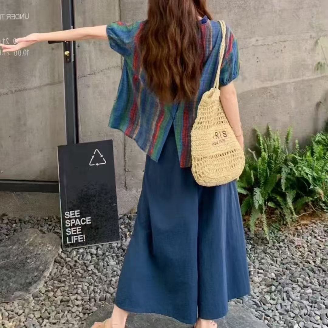 2026 새로운 예술 바람 품격 슬림해 보이는 얇은 스타일 레트로 무지개 스트라이프 맨위 허리밴드 반신 치마 세트 상세 이미지 3