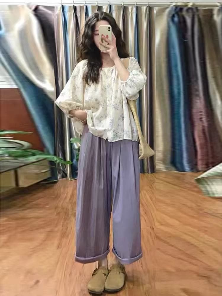 초여름 연령 감소 착용 가져 가라. 전체 집합 프랑스식 꽃무늬 거품 소매 셔츠 맨위 보라색 넓은 다리 캐주얼 바지 투피스 세트 이미지 4