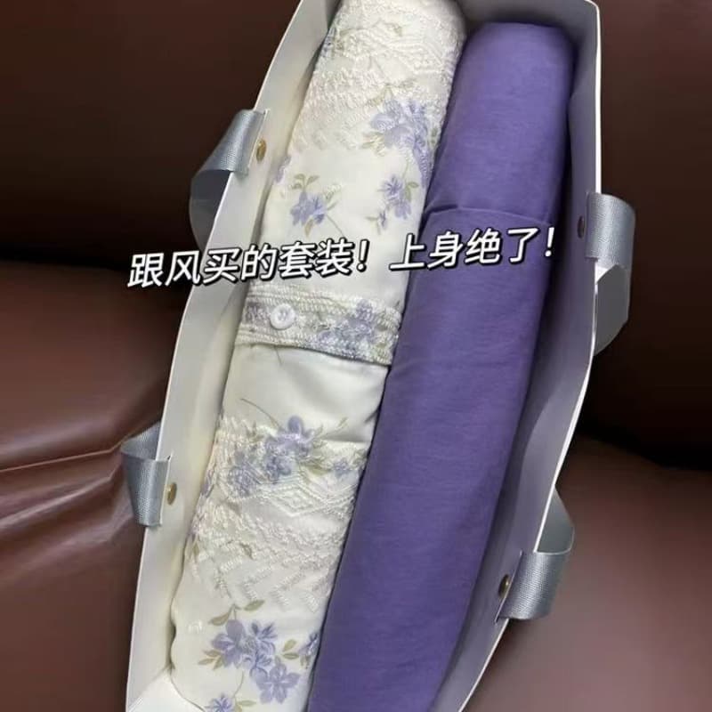 초여름 연령 감소 착용 가져 가라. 전체 집합 프랑스식 꽃무늬 거품 소매 셔츠 맨위 보라색 넓은 다리 캐주얼 바지 투피스 세트 이미지 5