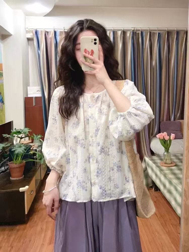 초여름 연령 감소 착용 가져 가라. 전체 집합 프랑스식 꽃무늬 거품 소매 셔츠 맨위 보라색 넓은 다리 캐주얼 바지 투피스 세트 상세 이미지 3