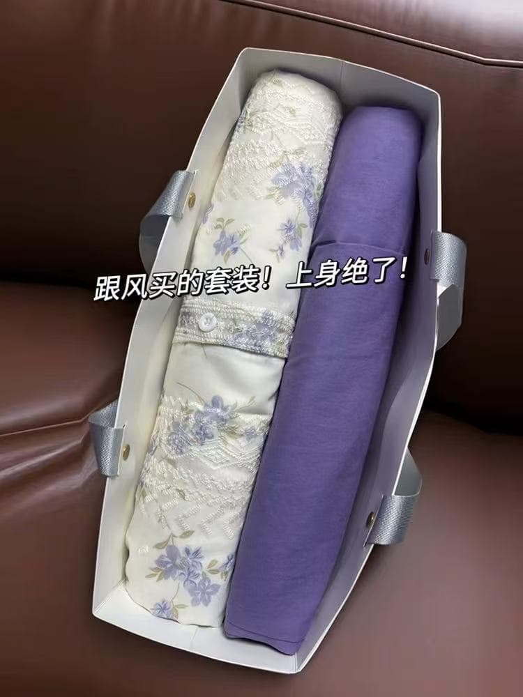 초여름 연령 감소 착용 가져 가라. 전체 집합 프랑스식 꽃무늬 거품 소매 셔츠 맨위 보라색 넓은 다리 캐주얼 바지 투피스 세트 상세 이미지 4