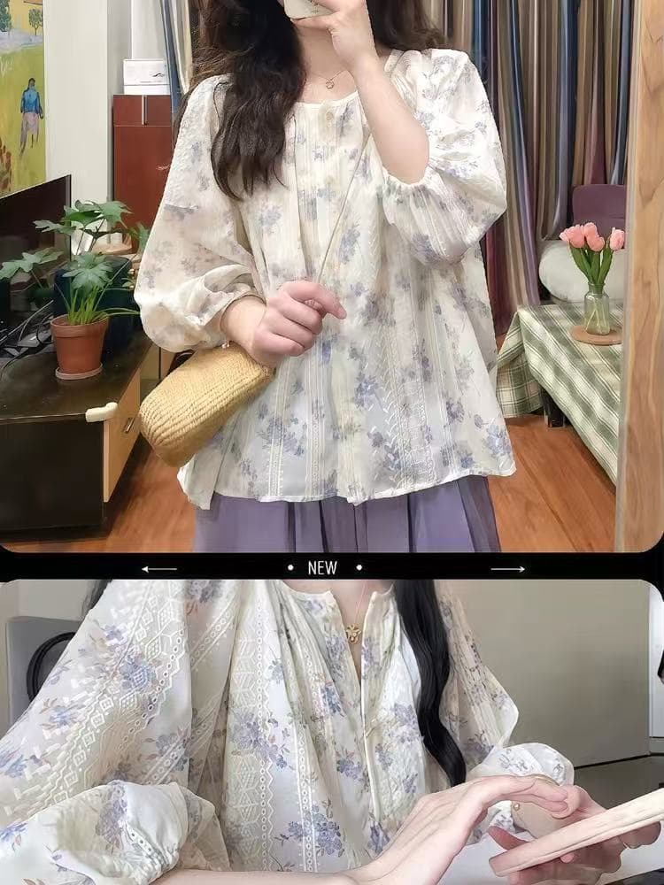 초여름 연령 감소 착용 가져 가라. 전체 집합 프랑스식 꽃무늬 거품 소매 셔츠 맨위 보라색 넓은 다리 캐주얼 바지 투피스 세트 상세 이미지 6