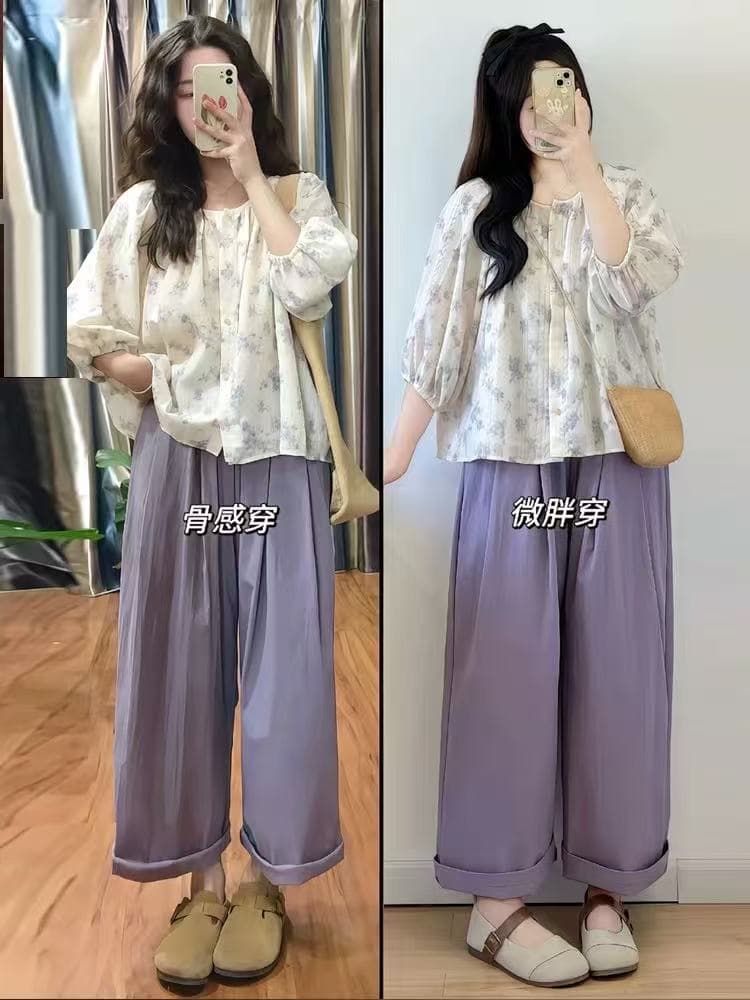 초여름 연령 감소 착용 가져 가라. 전체 집합 프랑스식 꽃무늬 거품 소매 셔츠 맨위 보라색 넓은 다리 캐주얼 바지 투피스 세트 상세 이미지 7