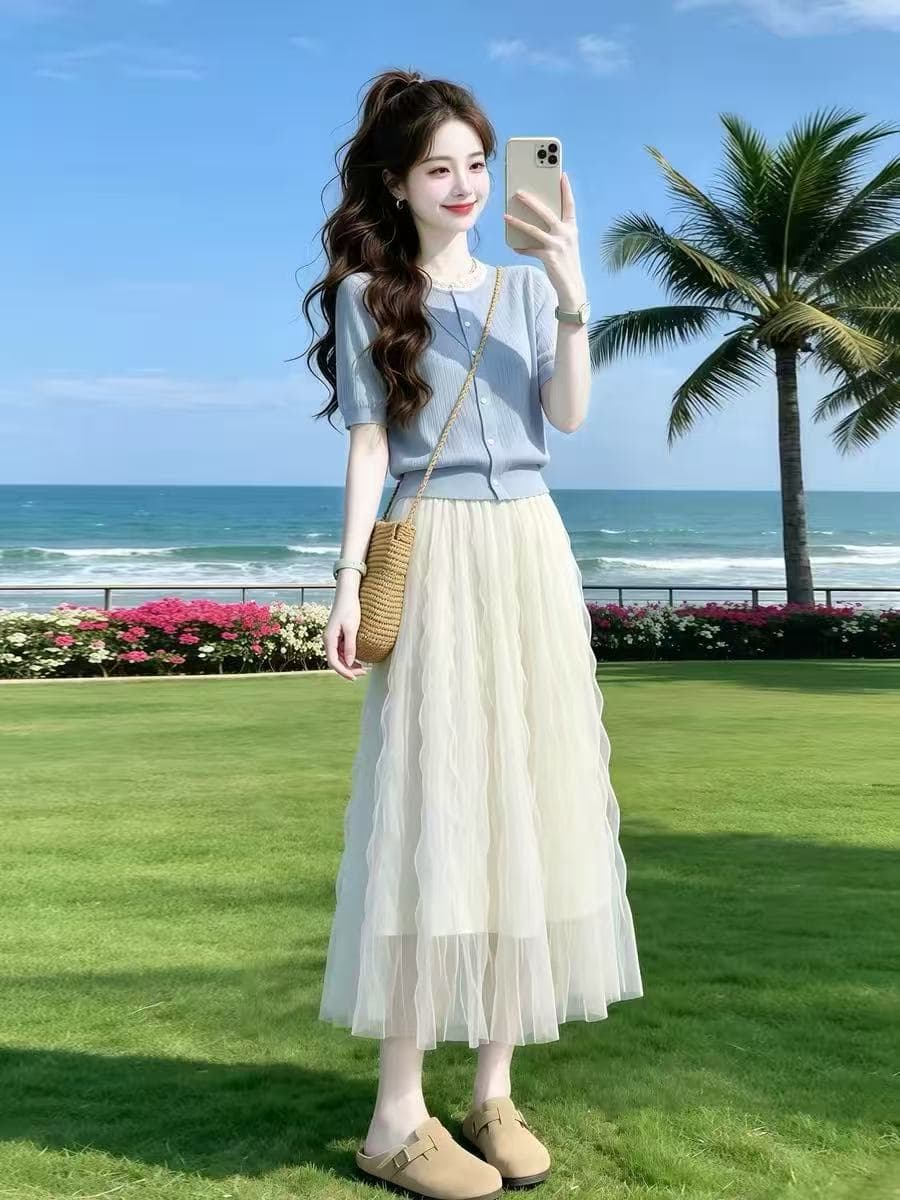 파란색 레이스 조각 질감 센스 반팔 티셔츠 여성 2026 여름 한 부서 착용 가져 가라. 부드러운 아름다운 아름다운 세트 이미지 4