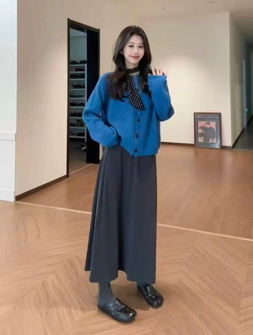 한 부서 이른 가을 착용 가져 가라. 세트 느긋한 루즈핏 두꺼운 니트 스웨터 코트 슬림해 보이는 한 마디 반신 스커트 투피스 세트 이미지 4