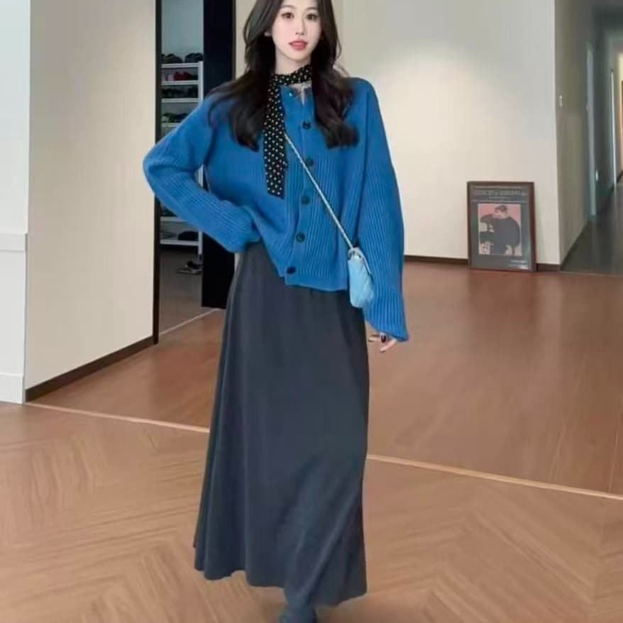 한 부서 이른 가을 착용 가져 가라. 세트 느긋한 루즈핏 두꺼운 니트 스웨터 코트 슬림해 보이는 한 마디 반신 스커트 투피스 세트 이미지 6