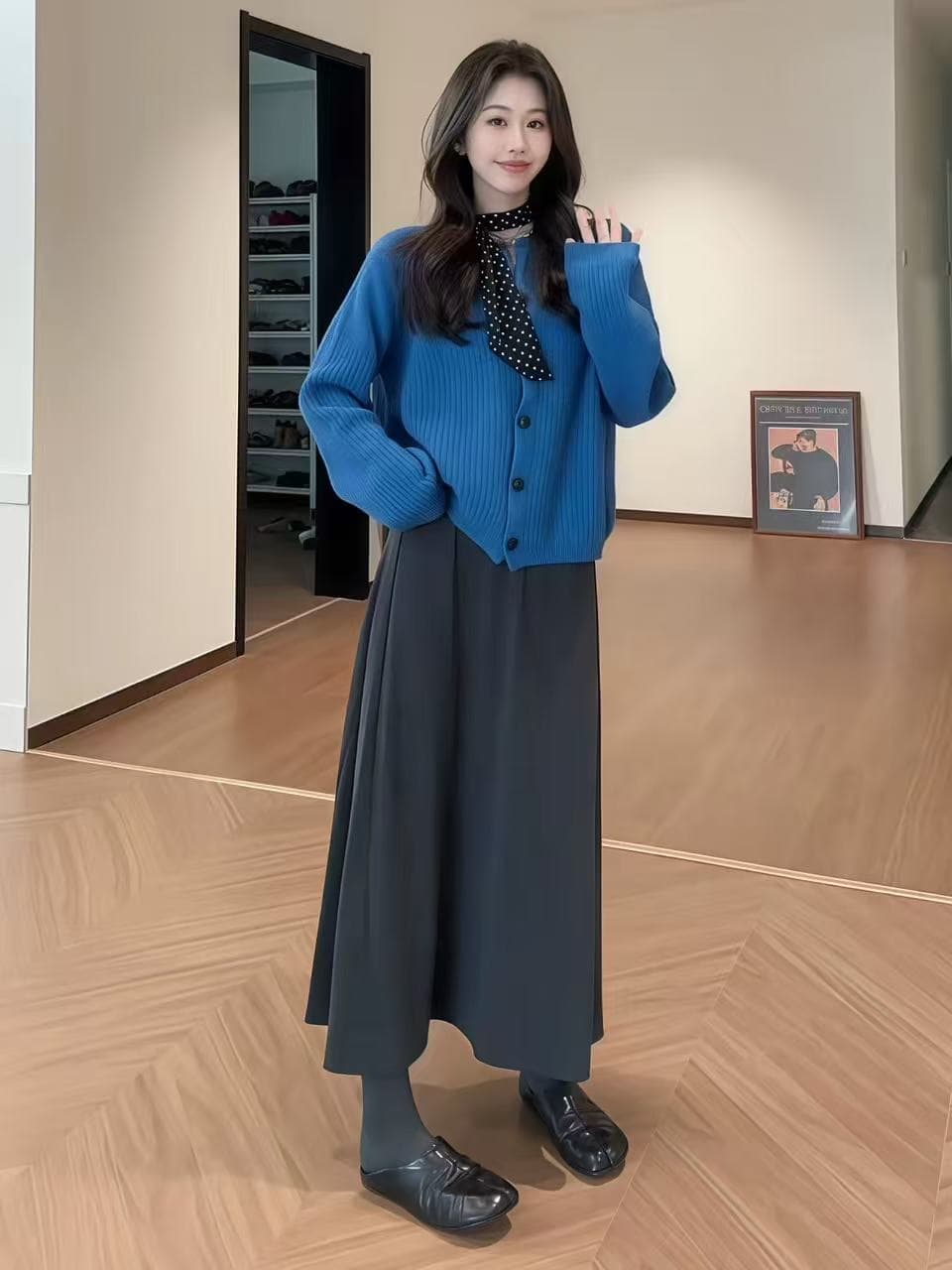 한 부서 이른 가을 착용 가져 가라. 세트 느긋한 루즈핏 두꺼운 니트 스웨터 코트 슬림해 보이는 한 마디 반신 스커트 투피스 세트 상세 이미지 4