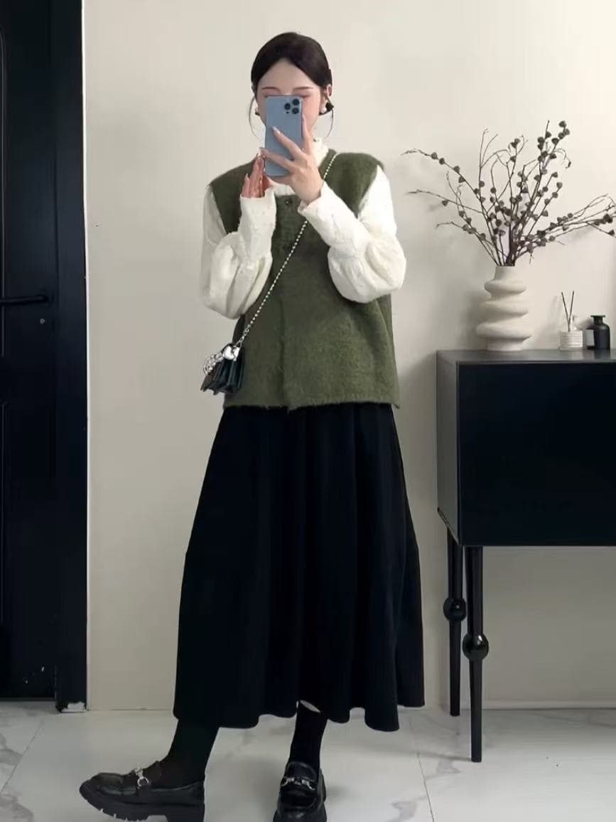 빅 사이즈 지방 mm 표지 고기 슬림해 보이는 세 조각 세트 여성 가을 니트 조끼 베스트 작은 대중 기본 셔츠 반신 치마 이미지 3