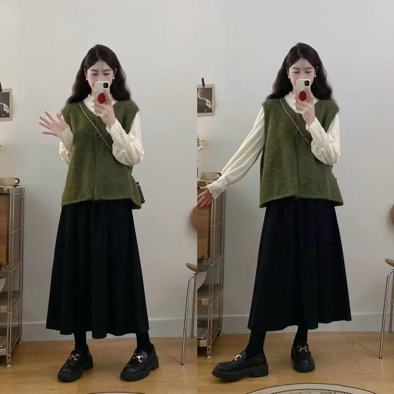 빅 사이즈 지방 mm 표지 고기 슬림해 보이는 세 조각 세트 여성 가을 니트 조끼 베스트 작은 대중 기본 셔츠 반신 치마 이미지 2