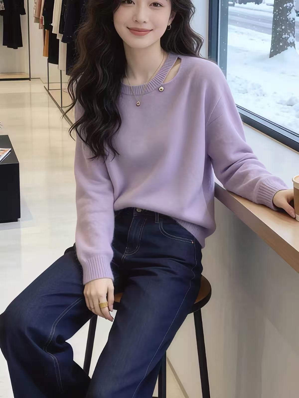 2026 자이언트 잘 생긴 한 부서 아름다운 부드러운 느긋한 보라색 홀로우 아웃 부드러운 찹쌀 니트 스웨터 스웨터 청바지 세트 상세 이미지 5