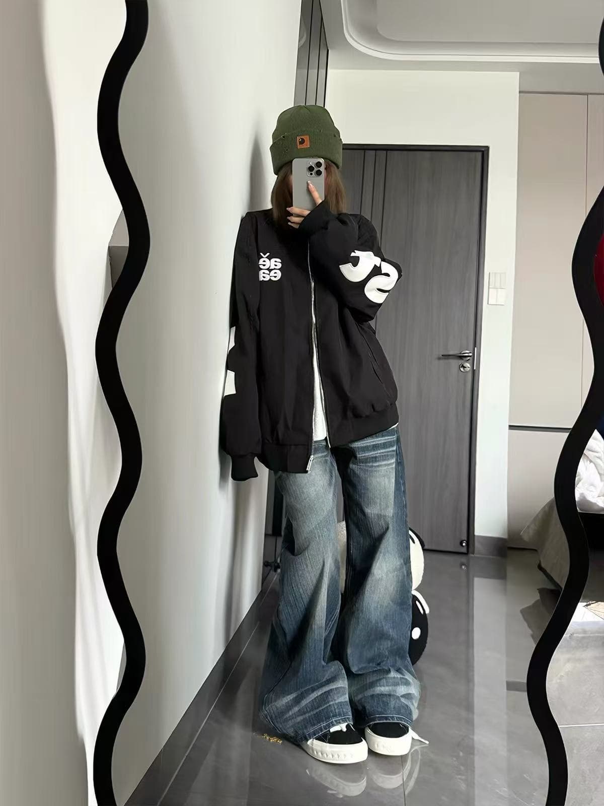 xkshuo 아메리칸 거리 알파벳 막대기 가죽 자수 플라잉 재킷 남녀 루즈핏 캐주얼 야구 지퍼 재킷