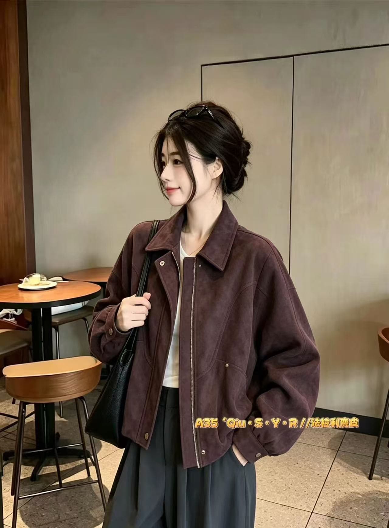 레트로 아름다움 라드. 바람 스웨이드 원단 쇼트 스타일 여성 코트 폴로 칼라 재킷 작은 키 다용도 캐주얼 긴팔 지퍼 상세 이미지 7