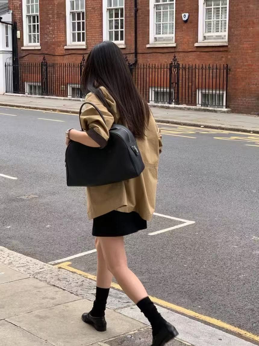 한국 chic 가을 새로운 레트로 품격 배색 폴로 칼라 어둠 버클 더블 주머니 루즈핏 긴팔 바람막이 여성 코트 상세 이미지 18