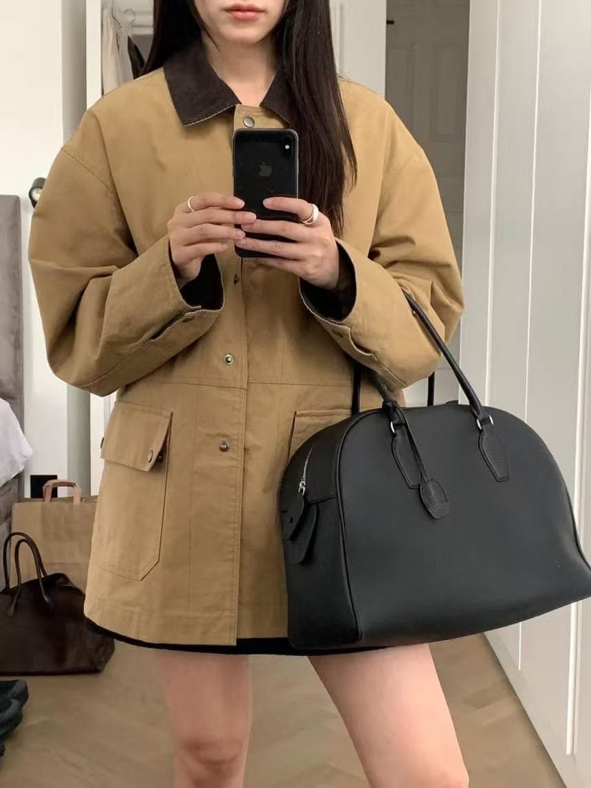 한국 chic 가을 새로운 레트로 품격 배색 폴로 칼라 어둠 버클 더블 주머니 루즈핏 긴팔 바람막이 여성 코트 상세 이미지 22