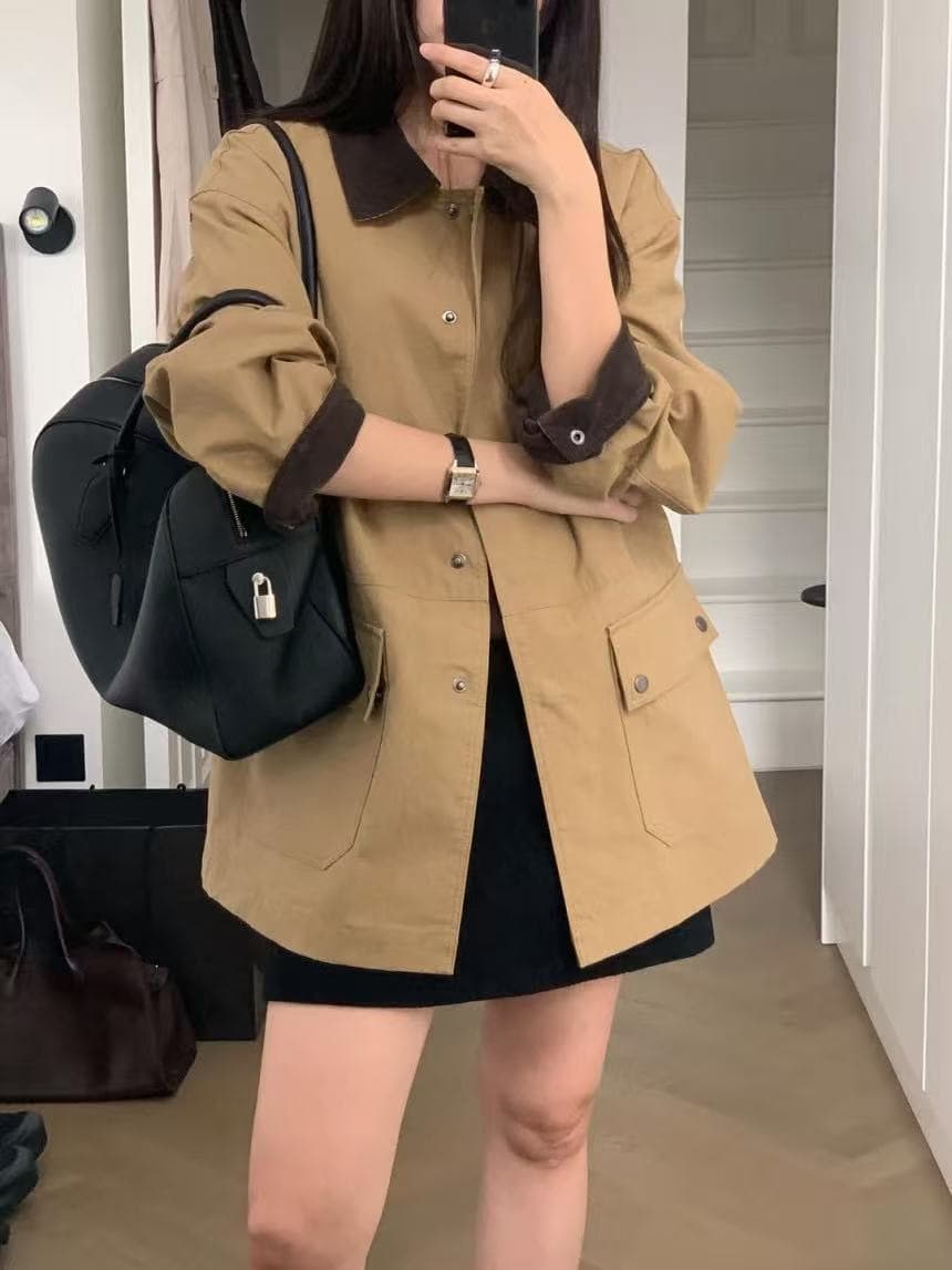 한국 chic 가을 새로운 레트로 품격 배색 폴로 칼라 어둠 버클 더블 주머니 루즈핏 긴팔 바람막이 여성 코트 상세 이미지 25