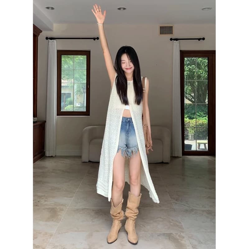 구오 지우주지 뭐라구? 느긋한 한 바람 민소매 분위기 센스 니트 홀로우 아웃 블라우스 양성 및 음성 둘 착용 g9s349449 이미지 3