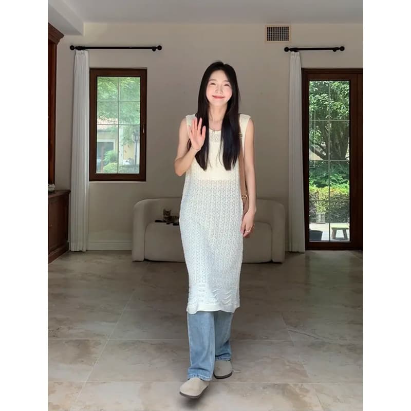 구오 지우주지 뭐라구? 느긋한 한 바람 민소매 분위기 센스 니트 홀로우 아웃 블라우스 양성 및 음성 둘 착용 g9s349449 이미지 4