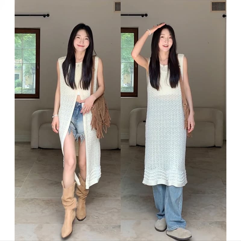 구오 지우주지 뭐라구? 느긋한 한 바람 민소매 분위기 센스 니트 홀로우 아웃 블라우스 양성 및 음성 둘 착용 g9s349449 상세 이미지 3