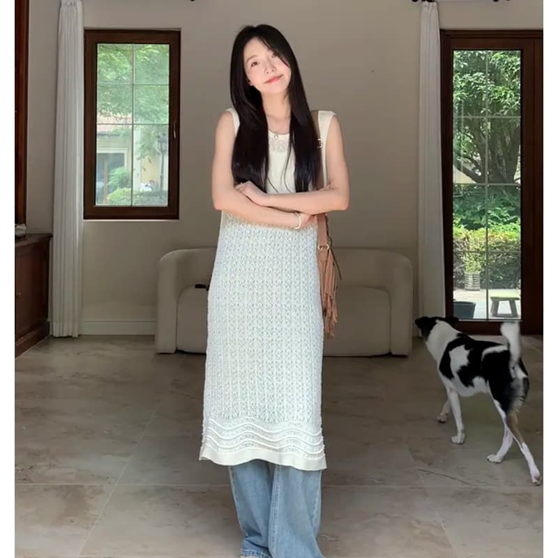 구오 지우주지 뭐라구? 느긋한 한 바람 민소매 분위기 센스 니트 홀로우 아웃 블라우스 양성 및 음성 둘 착용 g9s349449 상세 이미지 7