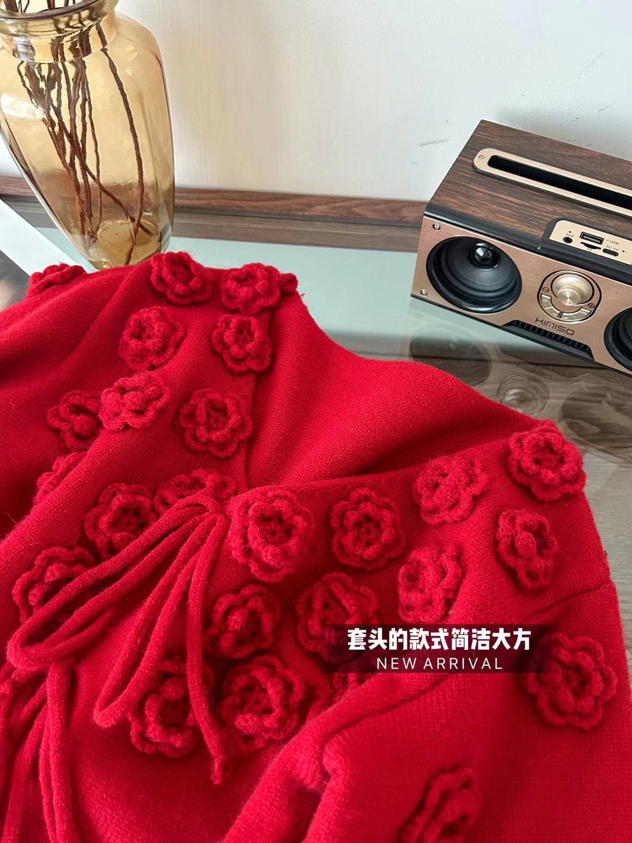 꽃 리플 꽃 바다 rare me 프랑스식 느긋한 부드러운 바람 수공 자수 스웨터 하이웨이스트 V넥 니트 맨위 이미지 4