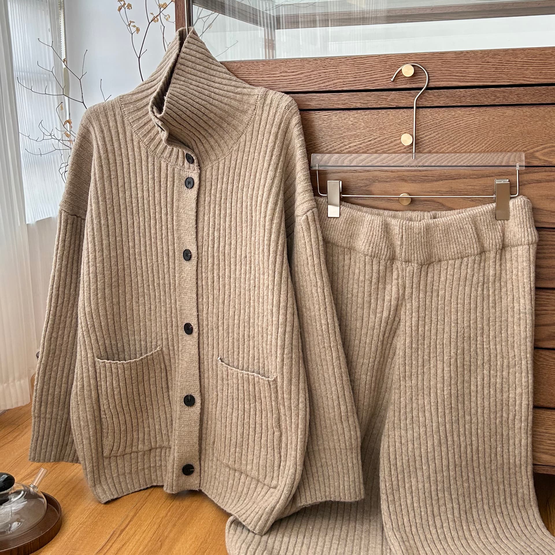 skk store 느긋한 look 오래된 돈 바람 한 부서 터틀넥 단추 스웨터 코트 두꺼운 오픈 가디건 긴 바지 여성 이미지 3