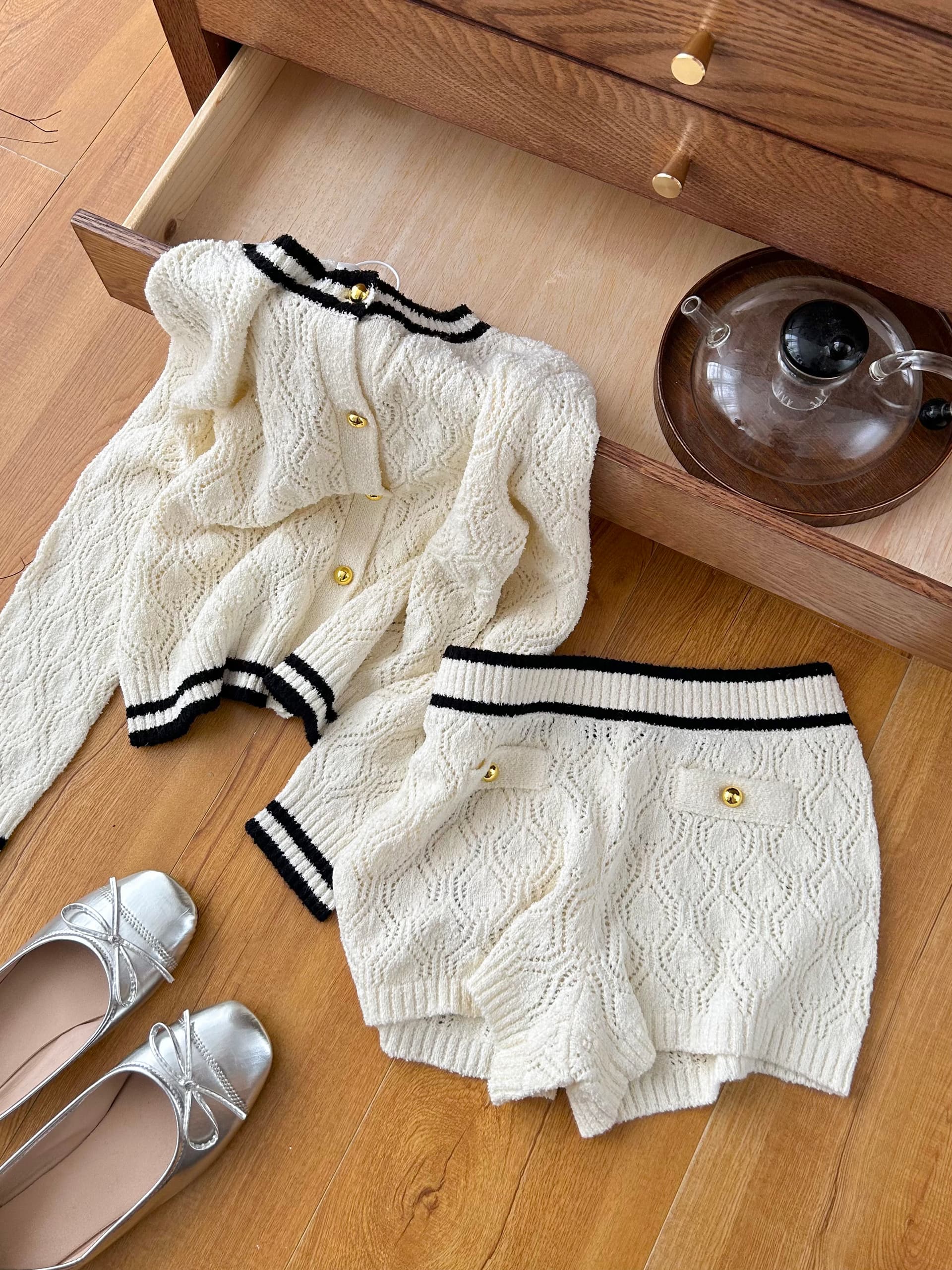 lilylikes 파리 우는 소리 천 골드 맞춤 서클 실 독일 가져 오기 기계직 샤오시엔 맨위 반바지 세트 상세 이미지 7